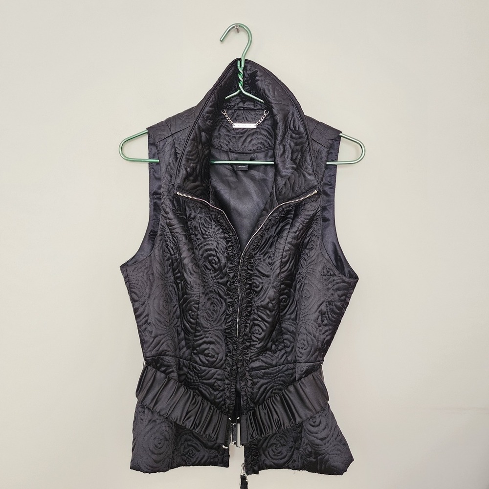 ⭐️ White House Black Market Quilted Rose Vest Size M Black Satin Belted Peplum